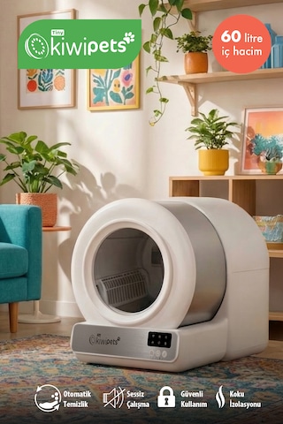 Kiwipets KPLB-10771 Akıllı Kendi Kendini Temizleyen Kedi Tuvaleti Geniş İç Hacim & Koku Giderici 60 L