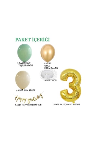 3 Yaş Küf Yeşili Deniz Kumu Ve Krom Gold Balonlu Konsept Doğum Günü Seti