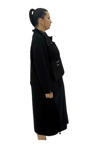 Büyük Beden Düğmeli Kısa Ceketli Uzun Elbiseli Oversize Kadın Takım Siyah