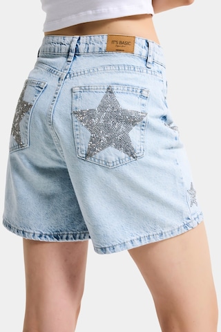 it's basic Kadın Kot Rengi T-4s6-3 Mom Fit Midi Boy Parlak Yıldız Taşlı Özel Tasarım Denim Şort Kot Renk