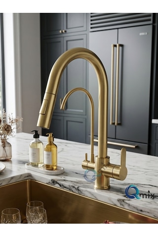 Spiralli Arıtmalı Lüx Mutfak Eviye Bataryası Modern Mat Gold Renk Pirinç Gövde Musluk Mat Altın
