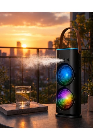 Mey İthalat Şarjlı Buharlı Serinletici Fan Rgb Işıklı Çift Pervaneli Masa Fanı