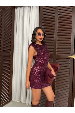 Verymoda Pullu Kadife Payet Elbise I Vmf2049 Mürdüm