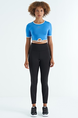 Tommy Life Saks Bel Bağlama Detaylı O Yaka Standart Kalıp Dalgıç Kumaş Kadın Crop T-shirt - 97266 Saks