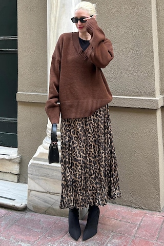 Madmext Kahverengi V Yaka Oversize Kadın Triko Kazak Mg2149 Kahverengi