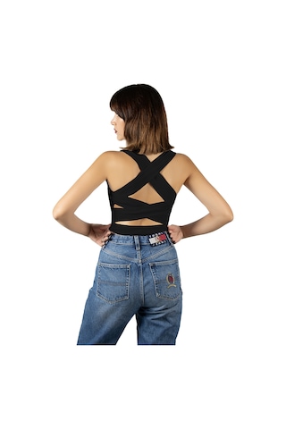 Terapi Men Siyah Fitted/vücuda Oturan Crop Halter Yaka Fitilli Esnek Örme Bluz Atlet Siyah