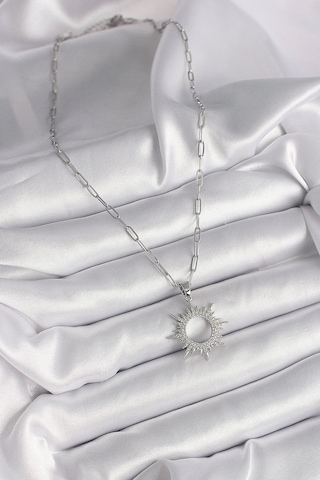 316l Çelik Gümüş Renk Zincir Zirkon Taşlı Güneş Model Kadın Kolye Çok Renkli