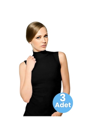 Uniquetrenders Kadın Sıfır Kollu Boğazlı Pamuklu Atlet 3'lü Set Siyah