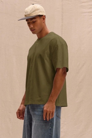 Erkek %100 Organik Pamuklu Kalın Dokulu Comfort Fit Bisiklet Yakalı T-shirt Haki