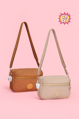 Westbag Kadın Çapraz Askılı Üç Gözlü Fermuarlı Krinkıl Günlük Omuz Çantası 2'li Set Bej - Taba