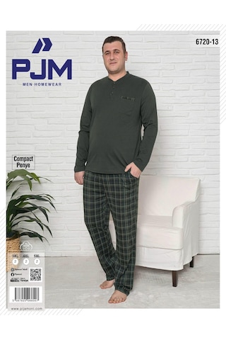 Pijamoni Erkek Battal Düğme Yaka Penye Uzun Kol Pijama Takımı 6720/13 - 1 Adet Haki