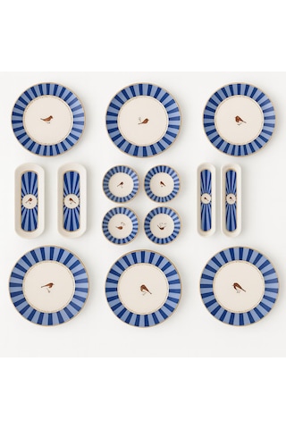 Seramık 6 Kısılık Mavi Kuşlu14 Parca Seramık Kahvaltı Takımı Beyaz