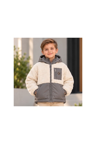 Maxx Kleın Erkek Çocuk Gri Kapüşonlu Peluş Görünümlü Mont Fermuarlı Cepli, İki Renkli Günlük Çocuk Montu 12-18 Ay, 2-3-4-6-8 Yaş