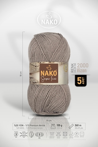 Süper İnci - 2000 Vizon - 5'li Paket - 100gr/260m - El Örgü İpi - Atkı Yelek Kazak İpi