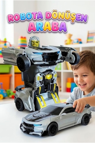 2'si 1 Arada Robota Dönüşen Spor Araba - Gri Yarış Arabası Otomatik Dönüşüm Özellikli Oyuncak Robot Çok Renkli