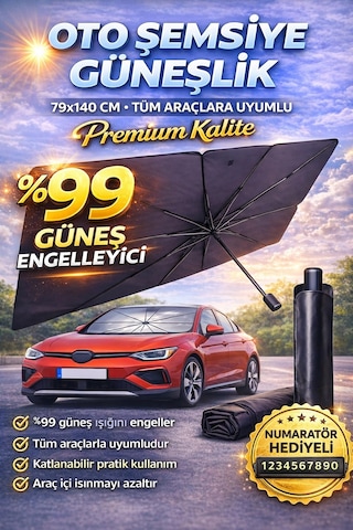 79x14 Cm Oto Şemsiye Güneşlik Tüm Araçlara Uyumlu Ön Cam Güneşlik Numaratör li