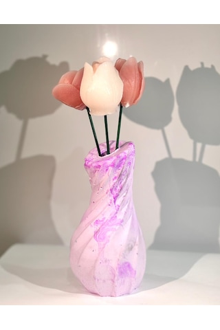Princess Tulip-el Yapımı Dekoratif Mum Vazo Özel Tasarım Çiçek Detaylı Mum Mor-beyaz-pembe
