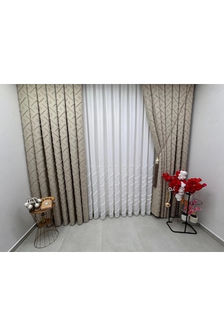 Nivemeshome Ahu 1-0049p Yarı Desenli 1/3 Pileli Tül Perde Apm Ekru