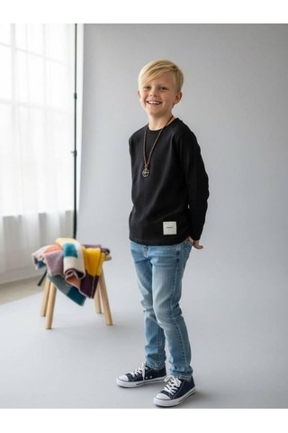 Zekids Erkek Çocuk Pamuklu Dokulu Kumaş İnce Uzun Kollu Sweatshirt-16630 Siyah