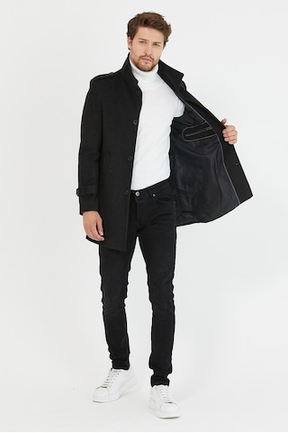 Erkek Antrasit Dar Kesim Dik Yaka Uzun Kaşe Kaban-Antrasit