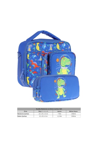 Kaukko Kids Erkek Çocuk Mavi Yeşil Dinazor Baskılı Üç Bölmeli Thermo Beslenme Çantası Ve Kalemlik Seti L7262+l8262 MAvi