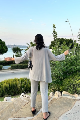 Gri Renk Cep Detaylı Dar Paça Kimono Takım Gri