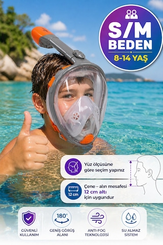 Turuncu Gri Full Face Şnorkel Maske S/m Beden 8-14 Yaş Çocuk Tam Yüz Dalış Seti Katlanabilir
