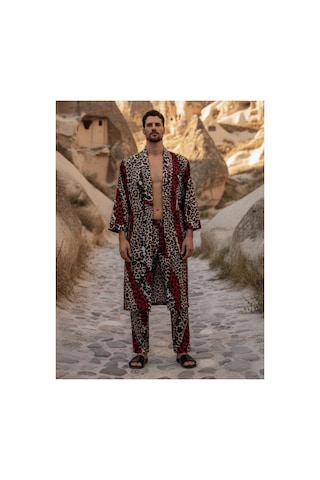Qmen Style Erkek Kimono Takımı Leopar Desen 3 Lü Viskon Set Bornoz + Pantolon + Şort Bordo