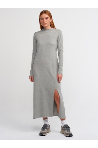 Dilvin Dik Yaka Önü Yırtmaçlı Triko Elbise Gri