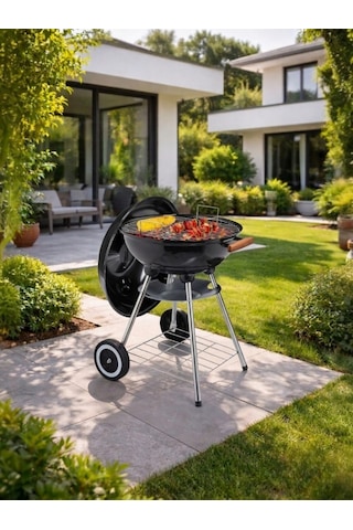 Yuvarlak Kömürlü Mangal Ahşap Kulplu Tekerlekli Mangal 44 Cm