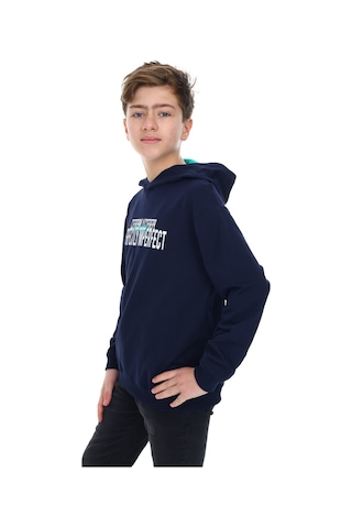 Toontoy Kids Toontoy Erkek Çocuk Oversize Kapüşonlu Hafif Düşük Omuz Baskılı Sweatshirt - 2 İplik Lacivert