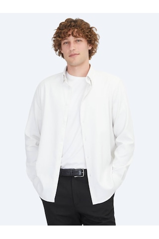 Kip Beyaz Regular Fit Dokuma Casual Pamuk Karışımlı Gömlek Beyaz