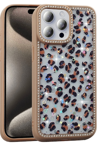 Apple Uyumlu iPhone 15 Pro Kılıf Taşlı Ve Simli Tasarım Zore Azra Kapak Gold