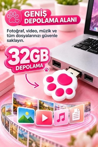 Premium Veri Deposu Ofis Eşyası Günlük Usb Flash Bellek 32gb Kedi Patisi Usb01 Beyaz