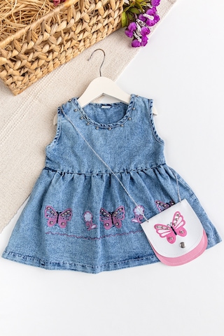 Babymod Kelebek İşlemeli Boncuklu Çanta Hediyeli Kız Bebek Kot Elbise Jean Jile Mavi