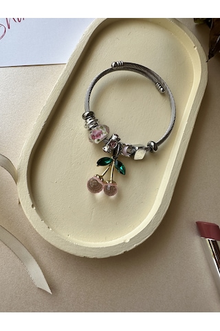 Pembe Kirazlı Gümüş Renk Çelik Charm Bileklik Çok Renkli