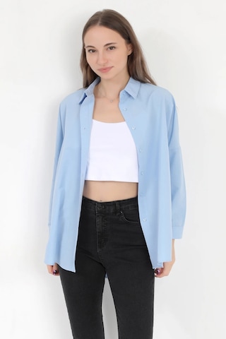 Giysa Kadın Buz Mavi Uzun Kollu Basic Pamuklu Oversize Gömlek - 3900 Mavi