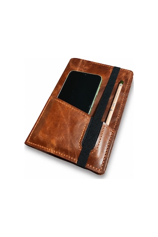 Bilikolik Hakiki Deri A5 Defter Kılıfı, El Yapımı, Telefon Cepli Ajanda Organizer, Defter Ve Kalem Dahil Kahverengi - Taba