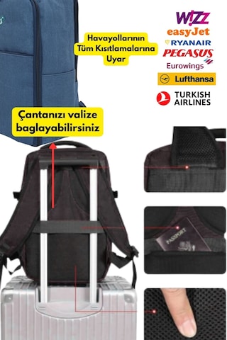 Jet Turtle Seyahat Sırt Çantası 40cm 40x25x15 Cm Pegasus, Wizz Air, Ryanair, El Valizi Koltuk Altı Valizi Mavi Kanvas