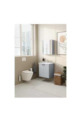 Kapaklı Lavabo Dolabı, Kül Gri, 60 Cm, Modern Tasarım Açık Ceviz