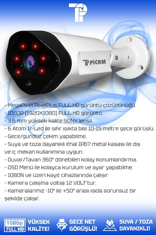 Picam 8 Kameralı Uzay 4 İç Kamera Set 320 GB HDD Full HD Gece Görüşlü Güvenlik Kamerası Sistemi