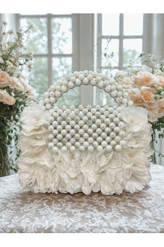 Luti Design Çiçekli Sedefli İnci Çanta- Pearl Bloom Collection Açık Gri
