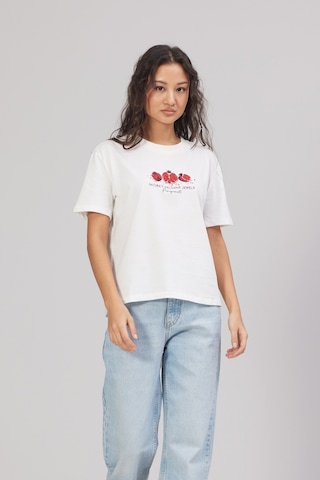 Nisan Nar Baskılı Pamuklu Bisiklet Yaka T-shirt Ekru