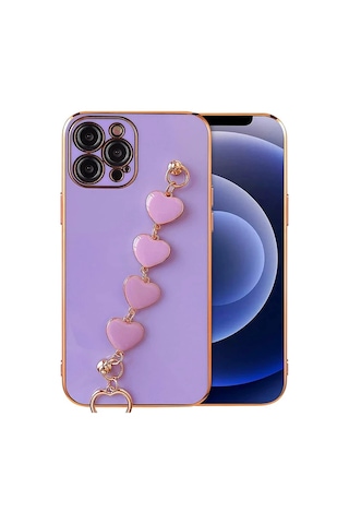 Ally Apple iPhone Uyumlu 13 Pro 6.1inç Kılıf Kalp Bileklik Tutuculu Lüx Silikon Askılı Kılıf- 5775 Mor