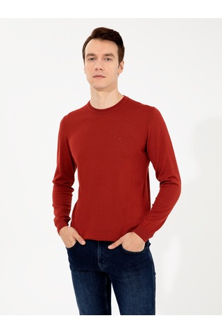 Cacharel Koyu Kiremit Slim Fit Bisiklet Yaka Basic Triko Kazak Kırmızı
