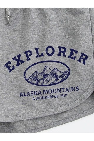 Gri Explorer Bermuda Penye Şort Kordonlu Baskılı Gri