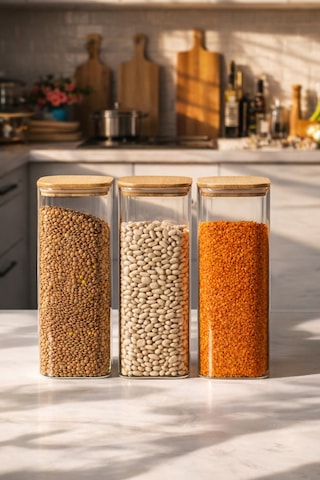Porsima 7-3 Bambu Vakumlu Kapaklı Kare Borsilikat Cam 3lü Kavanoz Seti Saklama Kabı 1900ml 9,5x27cm Ahşap - Şeffaf