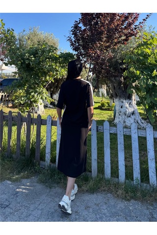 Siyah Polyester Keten Çizgili Yandan Takım Siyah