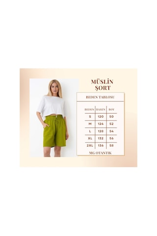 The Voler Müslin Şort Kadın Yüksek Bel Oversize Rahat Kesim Cepli %100 Pamuklu Yazlık Şort Yeşil