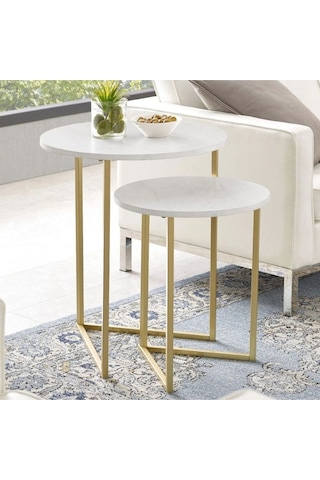 İkili Yuvarlak Doğal Ahşap Zigon Sehpa Gold